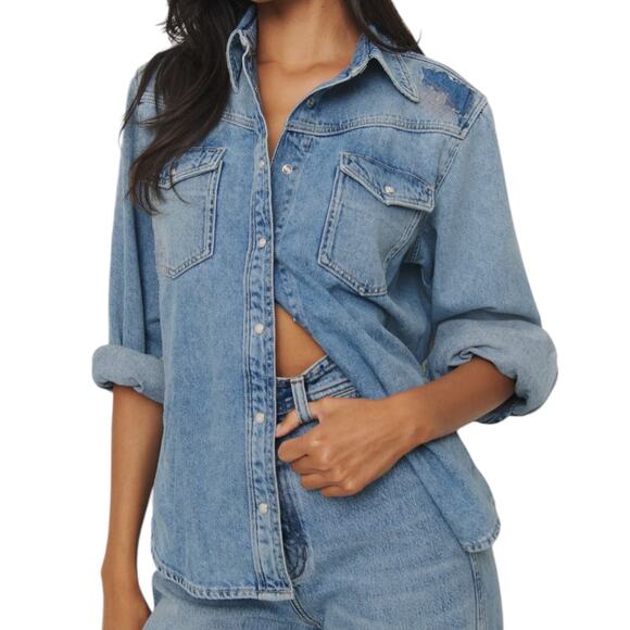 Reformation x Kacey Musgraves Deeper Well Denim Snap Up Shirt Size XS - Picture 1 of 15